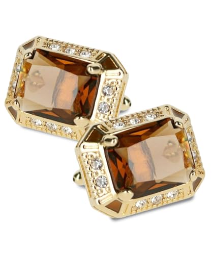 Big Rectangular Colored Crystal Cuff Links for Men – Tuxedo Suit Accessories, Cufflinks for Men - style: Brown/Gold