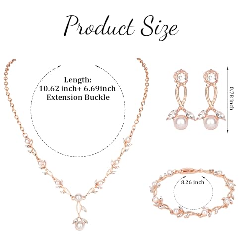 Bridal Jewelry Sets for Women Wedding Jewelry for Women | Cubic Zirconia Wedding Jewelry for Women Pearl Pendant Necklace Earrings Set - color: Rose gold