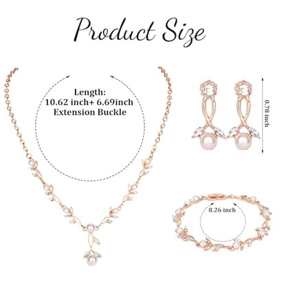 Bridal Jewelry Sets for Women Wedding Jewelry for Women | Cubic Zirconia Wedding Jewelry for Women Pearl Pendant Necklace Earrings Set - color: Rose gold