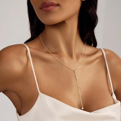 LULII Gold Necklace for Women Trendy Lariat Y Necklace Dainty 14k Gold Plated/Silver Long Necklaces for Women Layered Beaded Drop Necklaces Simple Y-Shaped Chain Jewelry Gifts - color: Y CZ Diamond Chain-Gold