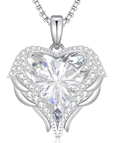 CDE Angel Wings Heart Birthstone Pendant Necklace Gift for Women | Silver/Gold Tone,Ideal Birthday & Anniversary Jewelry Gift for Wife,Girlfriend,Her - color: White-04-White Birthstone