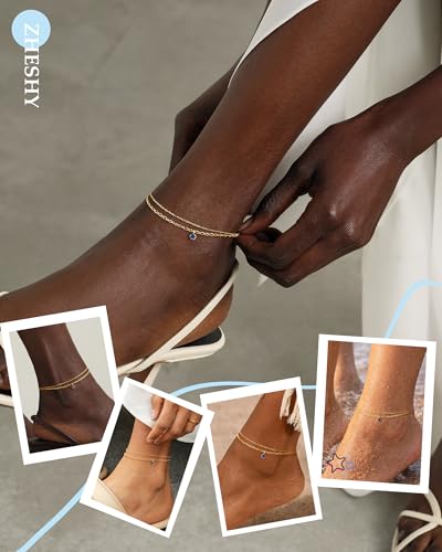 ZHESHY Ankle Bracelets for Women Gold Layered Anklets with Birthstone | 14K Gold Plated Dainty Waterproof Non Tarnish Chain Anklet Bracelets Summer Beach Jewelry Birthday Gifts - color: 09.Dark Blue September