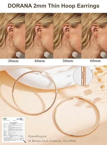 2mm Thin 14K Gold Plated Large S925 Sterling Silver Hoop Earrings for Women Hypoallergenic Big Hoop Non Tarnish Earrings Lightweight 20/30/40/50/60/70mm - color: Rose Gold-60mm