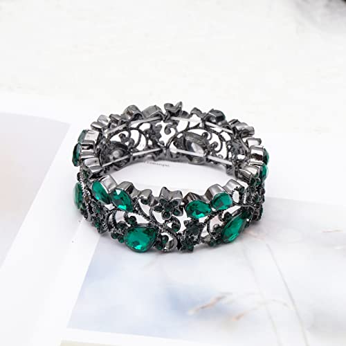 CSY Elegant Crystal Costume Jewelry Sets Flower Bridal Necklace Earrings Stretch Bangle Set for Bride Bridesmaid Wedding Dress Accessories - color: green crystal-black tone