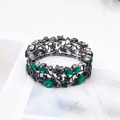 CSY Elegant Crystal Costume Jewelry Sets Flower Bridal Necklace Earrings Stretch Bangle Set for Bride Bridesmaid Wedding Dress Accessories - color: green crystal-black tone