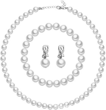 Classic Faux Pearl Necklace Bracelet Earrings Jewelry Set for Women Pearl Clip-on Stud Drop Dangle Earrings Jewelry Set Statement Bridesmaid Bride Birthday Wedding Accessory - color: Ear Clip Set