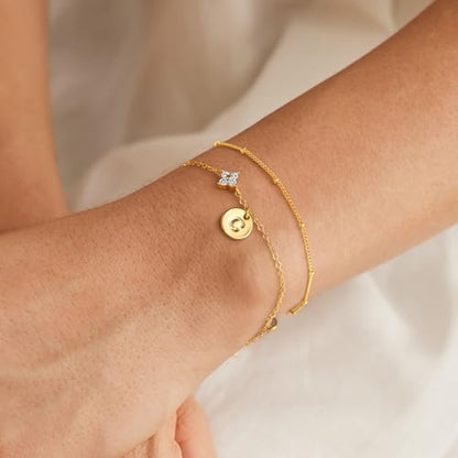 M MOOHAM Initial Bracelets for Women Girls Gifts, Birthday Gifts Jewelry | Dainty Four Leaf Clover Bracelet, Bracelets for Women Trendy, Initial Bracelet for Teen Girls, Personalized Birthday Gifts - color: A'