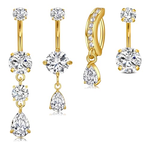 Briana Williams Belly Button Ring Clear CZ Dangle Belly Button Piercing Belly Rings Dangle Belly Button Rings Surgical Steel Teardrop Dangle Belly Button Jewelry for Women Silver Gold - color: D -gold
