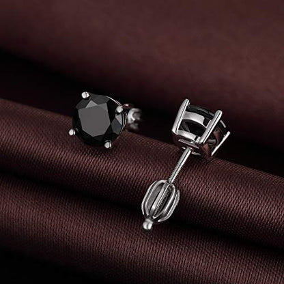 Stud Earrings with Screw Back, 925 Sterling Silver Cubic Zirconia Round Cut/Square Cut Stud Earrings for Women and Men, Long & Thick Post, 4MM-8MM - color: F-Crown-Round-Black, size: 6MM
