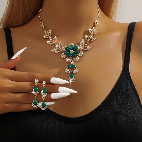 Women Crystal Jewelry Set, 3PCS Gold Bridal Earrings Princess Luxury Necklace Banquet Style Drop Necklace Stainless Steel Crystal Necklaces - color: Multicolor