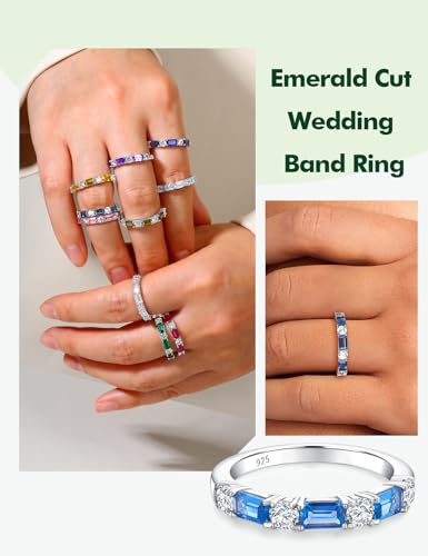 3.5mm Half Eternity Band Sterling Silver Rings for Women Sapphire/Ruby/Emerald and Cz Wedding Bands 7 Stone Stackable Birthstone Ring Anniversary Jewelry Size 6-10 - color: 12-Blue Topaz-Dec.
