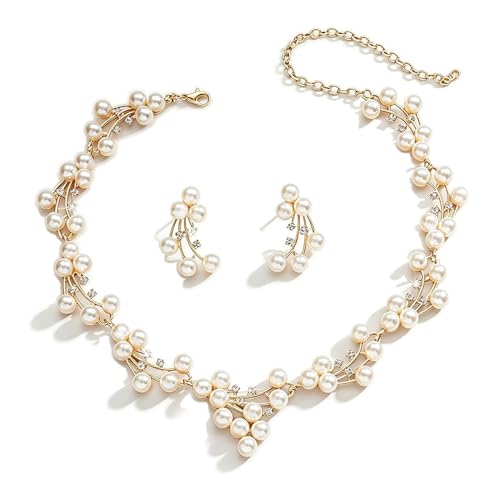 Simulated Pearl Bridal Jewelry Set White Pearl Leaf Pendant Necklace Earrings Set Zinc Alloy Rhinestone Wedding Party Jewelry for Bridesmaids Bride - color: DAN003