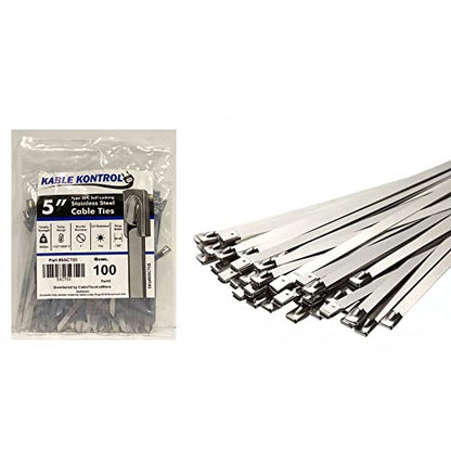 Kable Kontrol Stainless Steel Metal Zip Ties 5 Inch 100 Pcs HD 200Lbs Test | Heavy Duty Steel Cable Ties, Self-locking, Multi-Purpose, Outdoor and Indoor Use, High Temperature, Corrosion Resistant - size: 5" - 200 Lbs - 100 Pcs