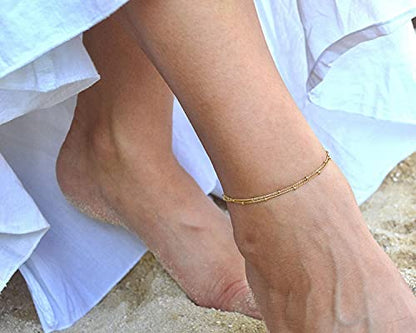 Pencros Dainty Layered Anklet,14K Gold Filled Cute Beads Satellite Chain Heart Boho Adjustable Anklets for Women - color: Layer Beads Gold