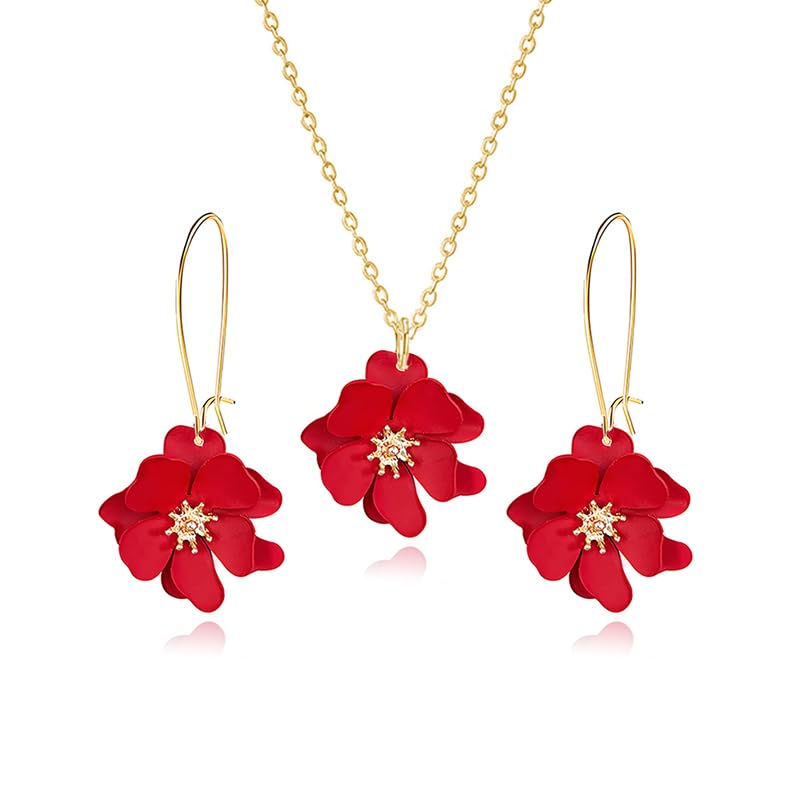 WCRAZYE Bohemian Daisy Flower Earrings Necklace Sets for Women Unique Trendy Boho Matte 3D Gold Flower Floral Petal Statement Earring Wedding Jewelry - color: Red