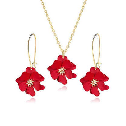 WCRAZYE Bohemian Daisy Flower Earrings Necklace Sets for Women Unique Trendy Boho Matte 3D Gold Flower Floral Petal Statement Earring Wedding Jewelry - color: Red
