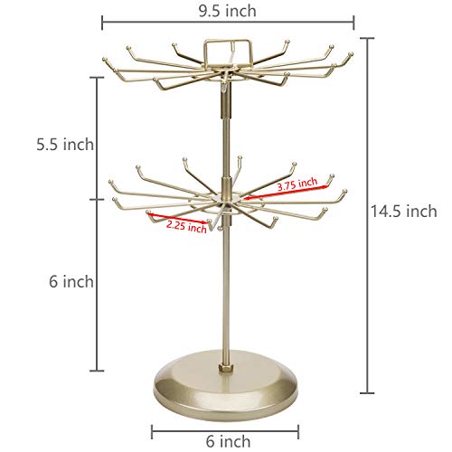 MyGift Brass Metal Rotating Jewelry Stand with 24 Hooks, 2 Tier | Stores Necklaces, Bracelets, Earrings, Keychains & Accessories with Smooth 360° Rotating Display Design - color: Brass (2 Tier)