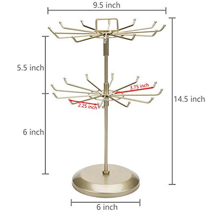 MyGift Brass Metal Rotating Jewelry Stand with 24 Hooks, 2 Tier | Stores Necklaces, Bracelets, Earrings, Keychains & Accessories with Smooth 360° Rotating Display Design - color: Brass (2 Tier)