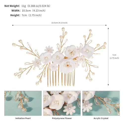 Fancy White Flower Bride Wedding Hair Comb, Handmade Pearl Rhinestone Hair Accessory for Bridal Women (Gold with 5 Flowers) - color: Style 2 (with 5 Flowers)