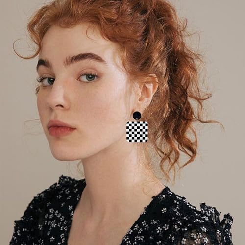 KaFu Checkerboard Earrings for Women 70s 80s Retro Acrylic Black White Striped Checkered Geometric Dangle Earrings Resin Rectangle Earrings Statement Jewelry - color: style-5