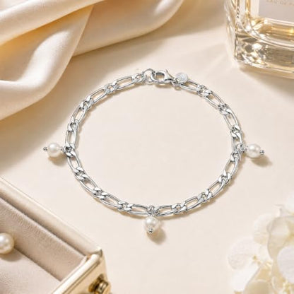 Blue Apple Co. 925 Sterling Silver Figaro Link Pearl Bracelet for Women