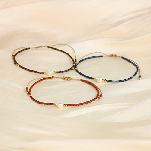 KELITCH 3 PCS Natural Pearls Bracelets Women Strand Thin Rope Friendship Bracelets Handmade Stack Charm Bracelets - color: 02R
