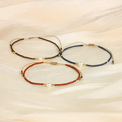 KELITCH 3 PCS Natural Pearls Bracelets Women Strand Thin Rope Friendship Bracelets Handmade Stack Charm Bracelets - color: 02R