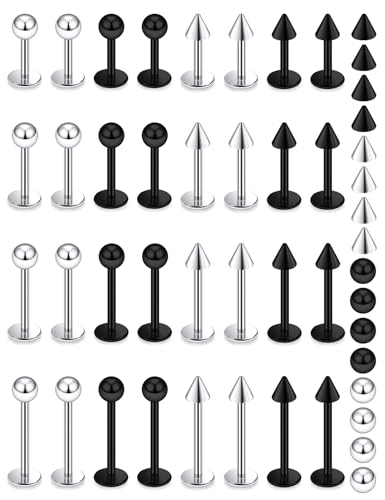 Lcolyoli 32PCS Labret Piercing Jewelry Stainless Steel Snake Bite Jewelry Lip Rings 16G Medusa Monroe Lip Piercing Jewelry for Women Men Bar Length 6mm 8mm 10mm 12mm - color: silvertone+black