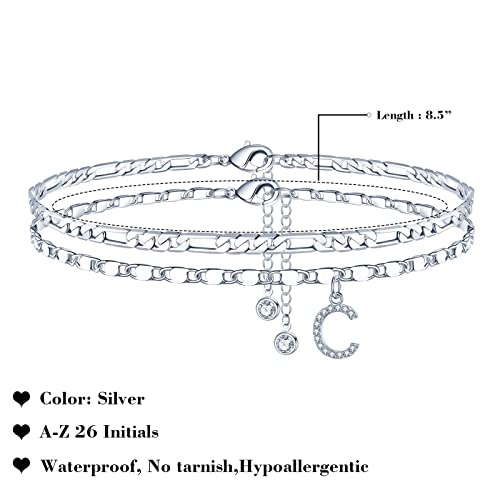 Ursteel Ankle Bracelets for Women, 14K-Gold-Plated Dainty Layered Chain CZ Initial Anklets Set Summer Jewelry Gifts for Women - style: C-Silver-Plated