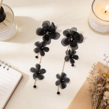 Flower Earrings for Women Long Fabric Flower Tassel Earrings Bohemian Handmade Floral Statement Earring Wedding Prom Jewelry Gifts - color: A3：black