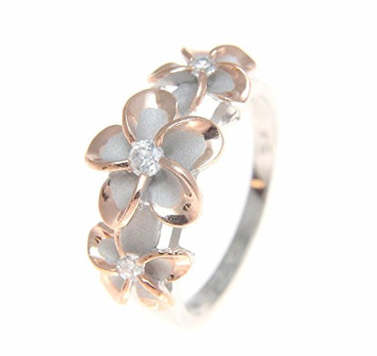 Arthur's Jewelry Sterling Silver 925 Hawaiian 3 Plumeria Flower cz Ring Rhodium and Pink Rose Gold Plated Size 3-10