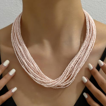 Colorful Multi-layered Seed Beaded Necklace Choker For Women Bohemian Handmade Crystal Stone Gemstone Hawaiian Necklace Holiday Birthday Summer Beach Jewelry Gift - color: White Pink