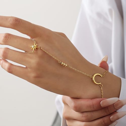 Lunar Hand Chain – Adjustable 18K Gold Plated Crescent Moon Bracelet for Women Delicate Gold Moon Jewelry Lightweight Elegant Charm Bracelet - color: Steel