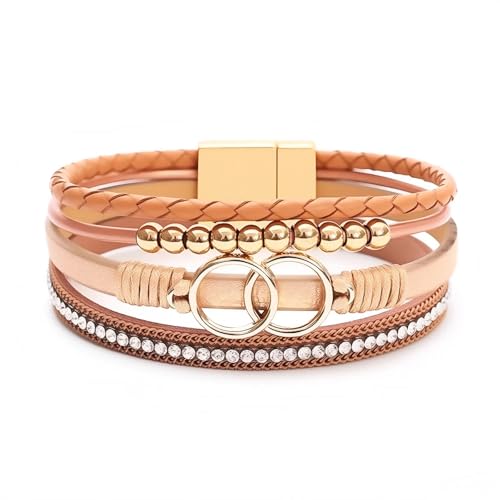 Leather Wrap Bracelets for Women, Boho Leopard Multi-Layer Crystal Beads Cuff Jewelry - color: J-Warp-007