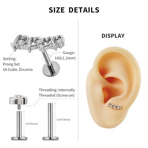 Hollow Heart Piercing Jewelry Collection - ASTM F136 Titanium Internally Threaded Flat Back Stud for Cartilage, Helix, Conch - color: Soldered Heart - Tit