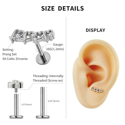 Hollow Heart Piercing Jewelry Collection - ASTM F136 Titanium Internally Threaded Flat Back Stud for Cartilage, Helix, Conch - color: Soldered Heart - Tit