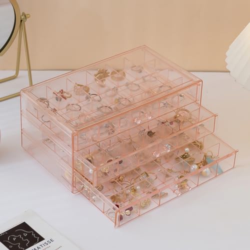 Earring Organizer Box Acrylic Stackable Jewelry Organizer with 3 Drawers 72 Small Compartments Clear Jewelry Display Stand for Stud Earring Ring Pin Display (Pink) - color: Pink