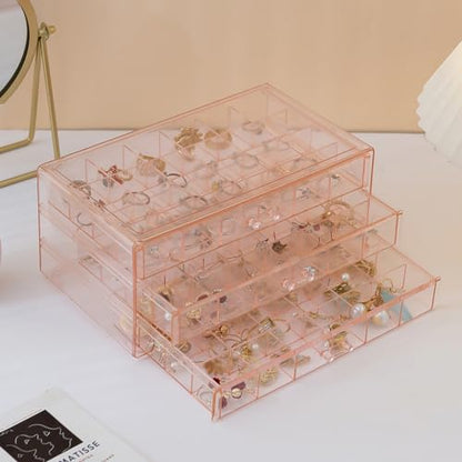 Earring Organizer Box Acrylic Stackable Jewelry Organizer with 3 Drawers 72 Small Compartments Clear Jewelry Display Stand for Stud Earring Ring Pin Display (Pink) - color: Pink