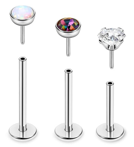 16G 18G 20G 3PCS G23 Titanium Push in Labret Monroe Stud Threadless Lip Ring Opal CZ Nose Stud Pure Titanium for Sensitive Skin Cartilage Helix Tragus Earrings Stud 6MM 8MM 10MM - style: 18G-Sliver