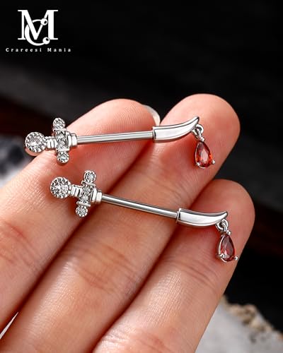 Sword Nipple Rings 316L Stainless Steel Dangle Nipple Piercing Jewelry 14G Dagger Nipple Barbells 14mm Nipple Piercing Rings - color: Silver
