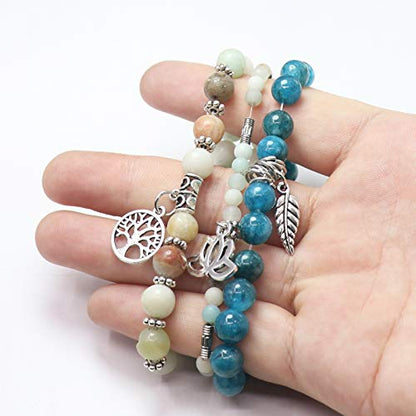 Tree of Life Yoga Healing Stone Bracelets,Multilayer Lotus Chakra Stone Reiki Bracelet Sets,Anxiety Crystal Natural Stone,for Women Stress Relief - style: Style 6 Amazonite + Apatite