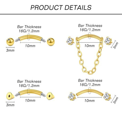 Zolure Rook Daith Piercing Jewelry 16G Eyebrow Rings for Women Rook Earring Curved Barbell Tragus Cartilage Vertical Labret Lip Piercing Jewelry Hypoallergenic - color: 16G 10mm #2G