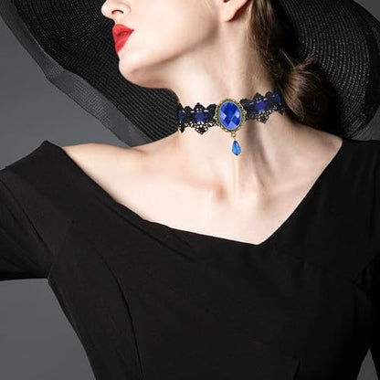 AILUOR Punk Rock Wedding Party Handmade Black Lace Choker, Gothic Retro Lolita Beads Chain Vampire Pendant Necklace for Women Halloween - color: Blue