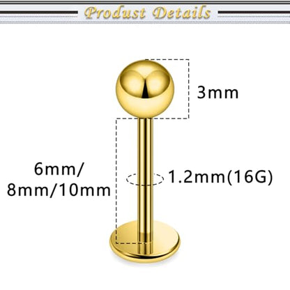 Internally Threaded Labret Studs 18G 16G 14G Surgical Steel Lip Piercing Jewelry with Claw Tool Monroe Snake Bite Jewelry Flat Back Barbell for Women Men Plus Piercing Ball Grabber Tool - color: goldtone, size: 16g,ball end