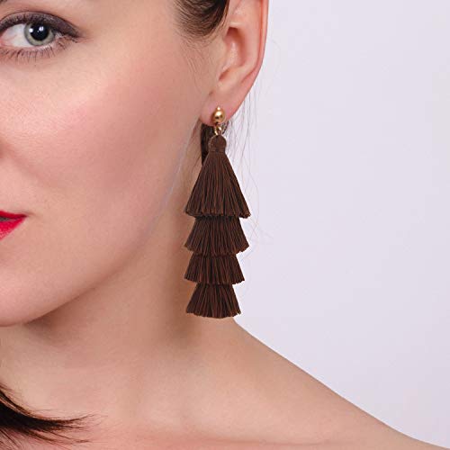 BaubleStar Bohemian Layered Tassel Drop Earrings for Women | Lightweight Statement Party Festival Jewelry - color: Chocolate