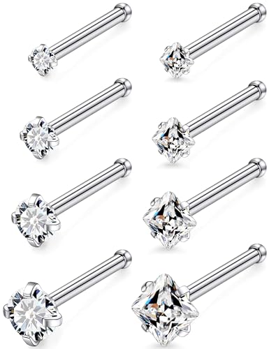 18G 20G 14K Gold Filled Nose Rings Studs Piercing Jewelry For Women Men 316L Surgical Steel Round Square Cubic Zirconia Nose Rings Studs Nostrial Piercing Jewelry CZ 1.5mm 2mm 2.5mm 3mm - color: Silver, size: 18 Gauge-Straight-Round and Square CZ