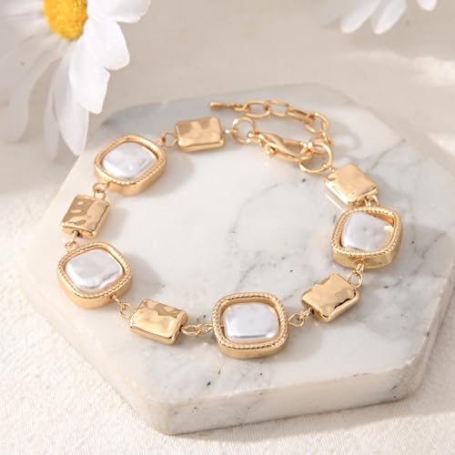 14K Gold & Silver Plated Lightweight Link Bracelet for Women | Stackable Bracelets ,14K Gold Plated Bracelets with CZ,Lightweight Trendy Chain Bracelet Jewelry Gift - style: square&pearl