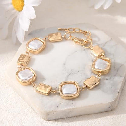 14K Gold & Silver Plated Lightweight Link Bracelet for Women | Stackable Bracelets ,14K Gold Plated Bracelets with CZ,Lightweight Trendy Chain Bracelet Jewelry Gift - style: square&pearl