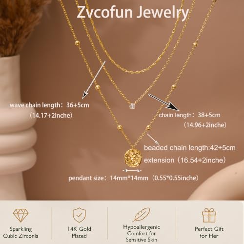Layered Necklaces for Women, Simple Gold Necklace Stack Dainty 14K Gold Plated CZ Disc Pendant Necklace Set Non Tarnish Gold Jewelry Gifts - color: Gold-Wave+CZ+Disc