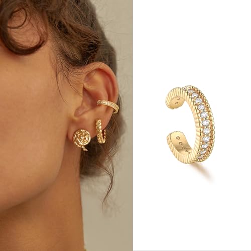 Women Ear Cuff Earring Gold Non Pierced Ear Cartilage Clip on Wrap Hoop 14K Gold Filled Tiny Boho Beach Simple Minimalist Delicate Handmade Hypoallergenic Jewelry Gift-Sold as Single/Pair - style: 1 Row CZ